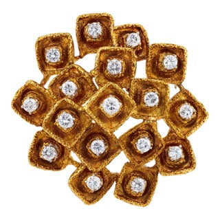 Vintage Diamond 18k Yellow Gold Brooch For Sale