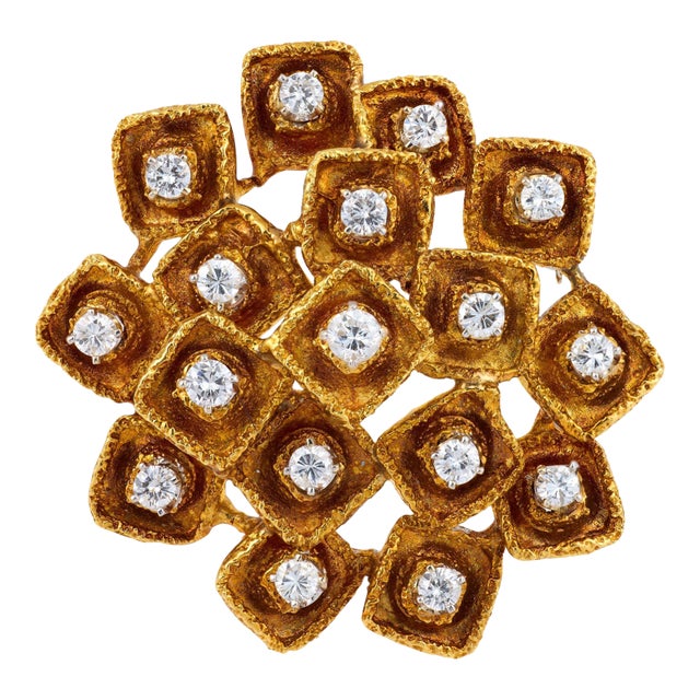 Vintage Diamond 18k Yellow Gold Brooch For Sale