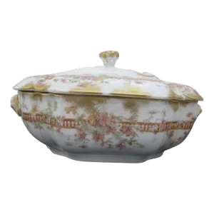 Haviland Limoges Pink & Yellow Flower Gold Trim Vegetable Bowl Tureen With Lid