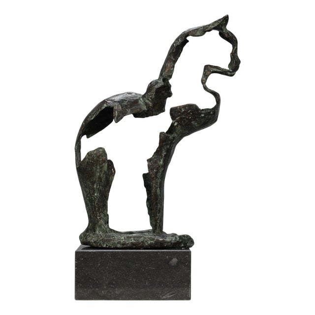 Artistic Sculpture of Cat, 1990s, Bronze with Stone Base For Sale