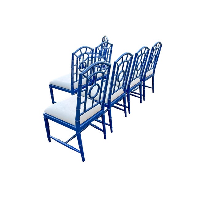 Faux Bamboo Chinoiserie Style Blue Dining Chairs in Blue Set of 8 For Sale - Image 4 of 14