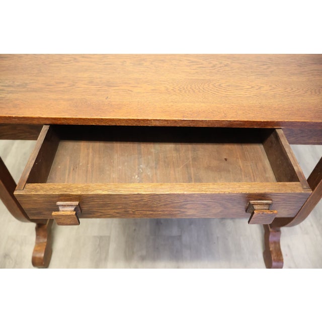 Wood Antique Arts & Crafts Oak Library Table With Lyre-Form Supports & Bookshelf, C 1910–1920 For Sale - Image 7 of 9