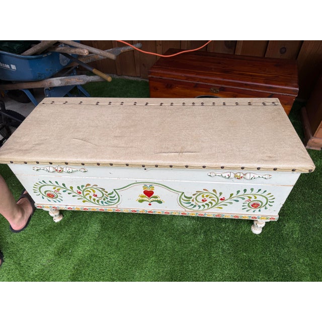 Folk Art Vintage Scandinavian or Germanic-Style Dowry Chest Folk Art Storage Trunk/Bench For Sale - Image 3 of 9