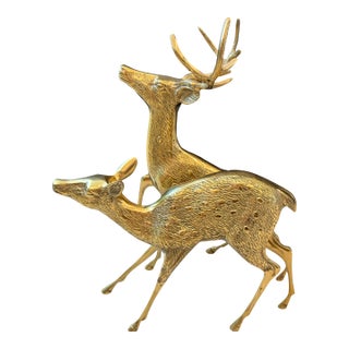 Vintage Solid Brass a Pair of Large Spotted Solid Brass Deer Statues, a Buck and a Doe Decor For Sale