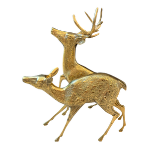 Vintage Solid Brass a Pair of Large Spotted Solid Brass Deer Statues, a Buck and a Doe Decor