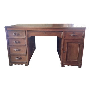 Early 20th Century Arts and Crafts Era Oak Partners Desk Wit Carved Pulls For Sale