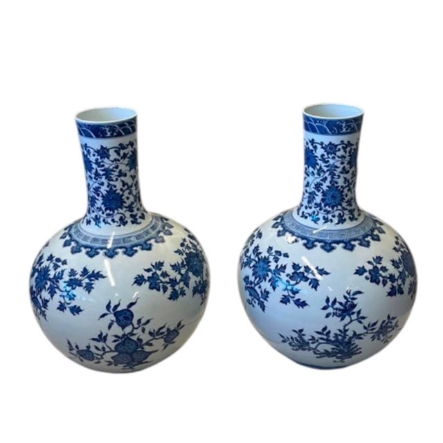 Chinoiserie Pair of Vintage Blue & White Porcelain Globular Vases Chinoiserie Pomegranate & Floral Bott For Sale - Image 3 of 12