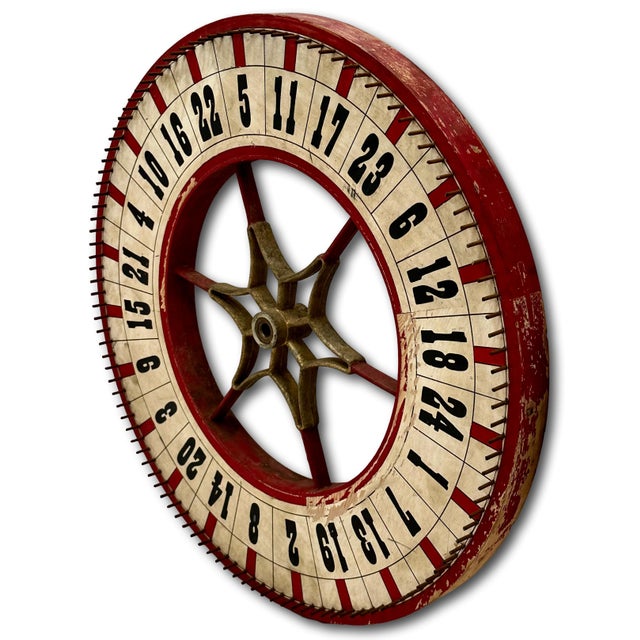 Nice Antique American Hand Painted Wood & Metal Wheel of Fortune Gaming Wheel Circa Early 20th Century For Sale - Image 12 of 18