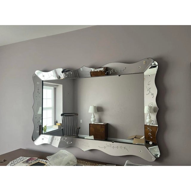 Absolutely stunning, large vintage art deco wall mirror. . Heavy wood, solid frame. Dated 11/59 on back.