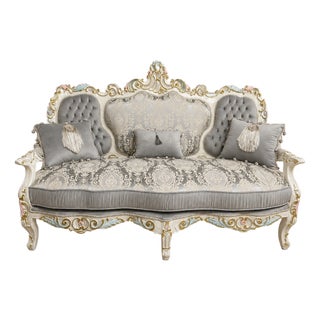 Classic French Gray Upholstered Sofa – Three-Seat Damask Settee With Intricate Gilded Wood Frame For Sale