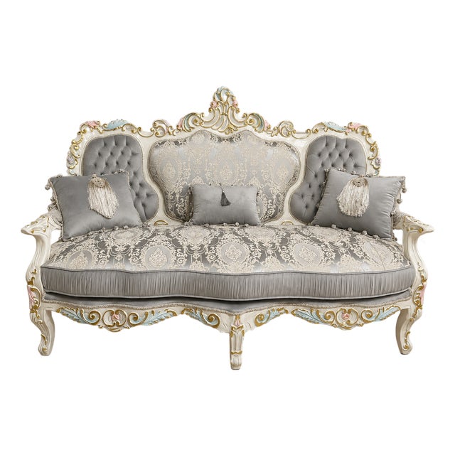 Classic French Gray Upholstered Sofa – Three-Seat Damask Settee With Intricate Gilded Wood Frame For Sale