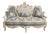 Classic French Gray Upholstered Sofa – Three-Seat Damask Settee With Intricate Gilded Wood Frame For Sale