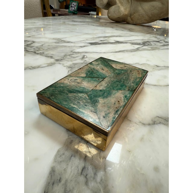 Vintage Green Stone and Brass Inlay Box For Sale - Image 4 of 6
