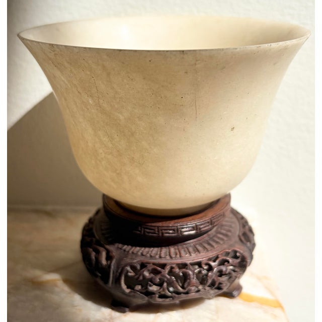 Asian Antique Chinese Qing Carved Faux Mutton Fat White Jade Bowl W/Stand Read On For Sale - Image 3 of 9