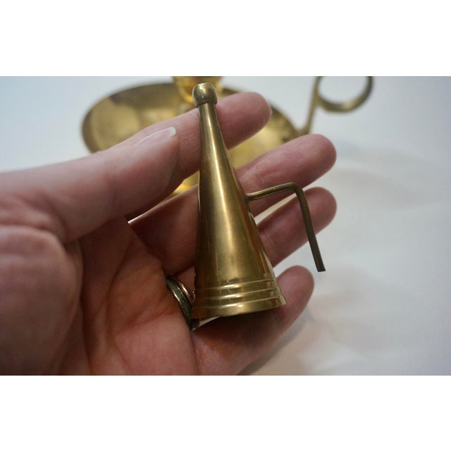 Victorian Antique 19th Century Brass Chamberstick Set | Features Rare Ejector Model & Threaded Baluster With Vintage "Japan" Snuffer For Sale - Image 3 of 11
