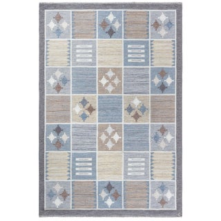 Mid-Century Scandinavian Beige Flatweave Rug By Rakel Carlander (Squares) For Sale