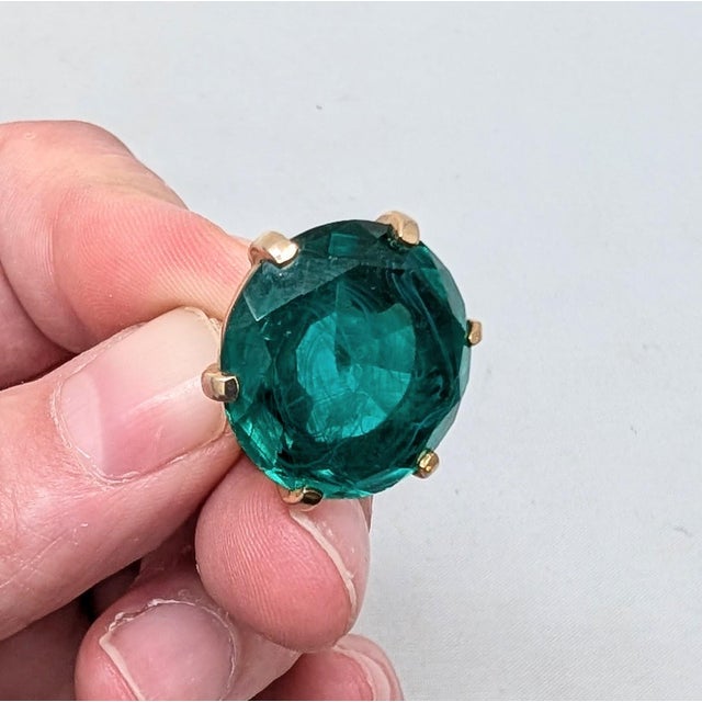 Metal Vintage 1950s Signed Crown Trifari Round Flawed Faux-Emerald Clip Earrings-2 Pieces For Sale - Image 7 of 11