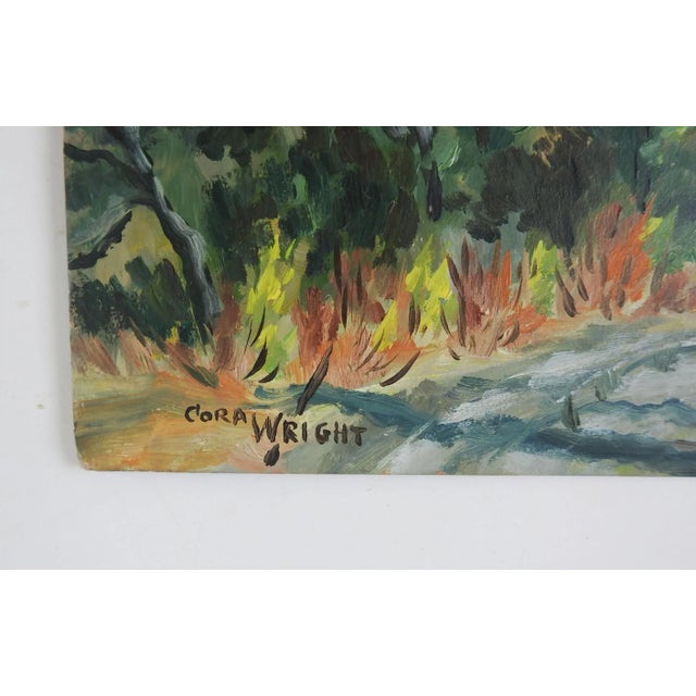 Mid 20th century oil on artist board mountain road landscape painting by Cora Alice Wright (1908-1992) California.. Signed...