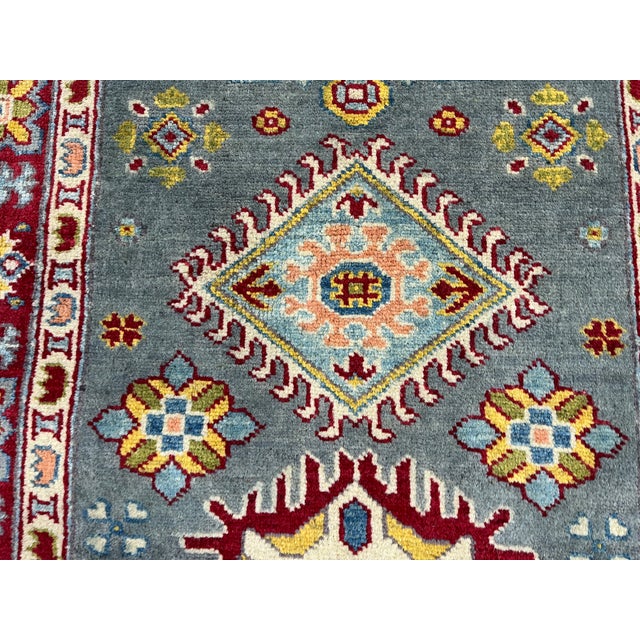 Gray and Red Tribal Wool Runner Rug With Geometric Medallions, 2'11