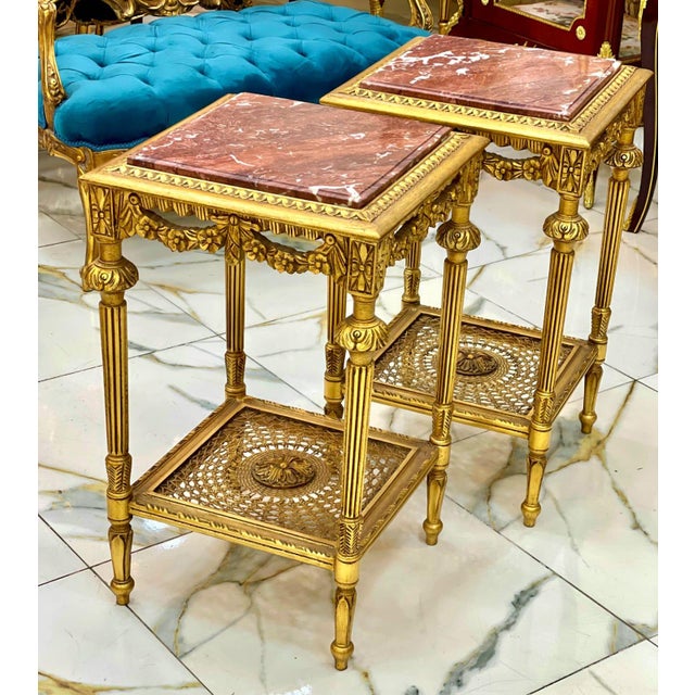 French 1990s French Style Marble Topped Side Table Set – Gold Accents, Elegant Design For Sale - Image 3 of 8
