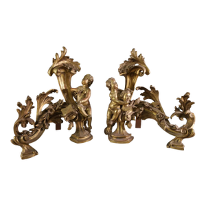 Pair of Antique Gilt Bronze Allegorical Figural Andiron Chenets