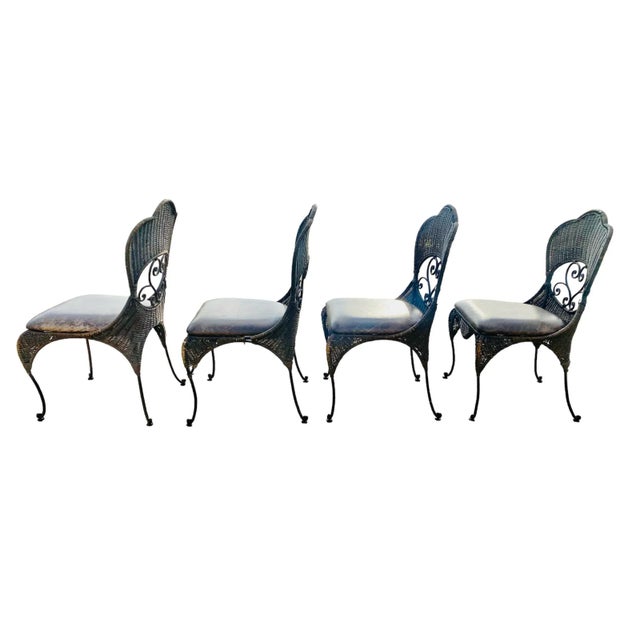 1990s Bassett Wrought Iron and Woven Wicker Rattan Table & 4 Peacock Style Chairs Dining Set For Sale - Image 10 of 12