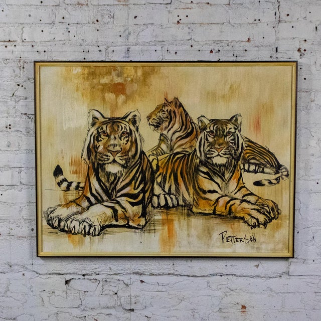 Mid-Century Modern Mid-20th Century Mid-Century Modern Large Resting Tiger Canvas Painting by Pettersen Black and Gold Frame For Sale - Image 3 of 18