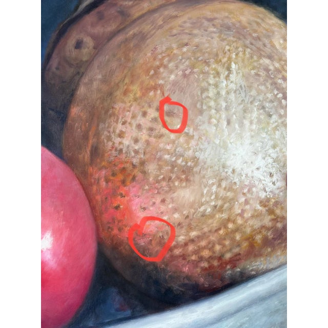 90's Venezuelan Mohamed " Still Life With Metals & Fruits " Oil Painting For Sale - Image 11 of 13