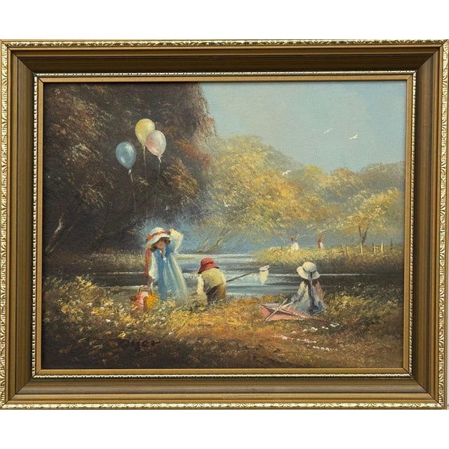 Oil Painting of Children Playing on Summers Day in the English Countryside 1980 Circa For Sale - Image 9 of 15