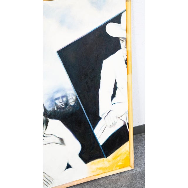 Signed abstract American themed painting in black white and yellow. Framed in wood. Signed by "Bradley". Large piece.