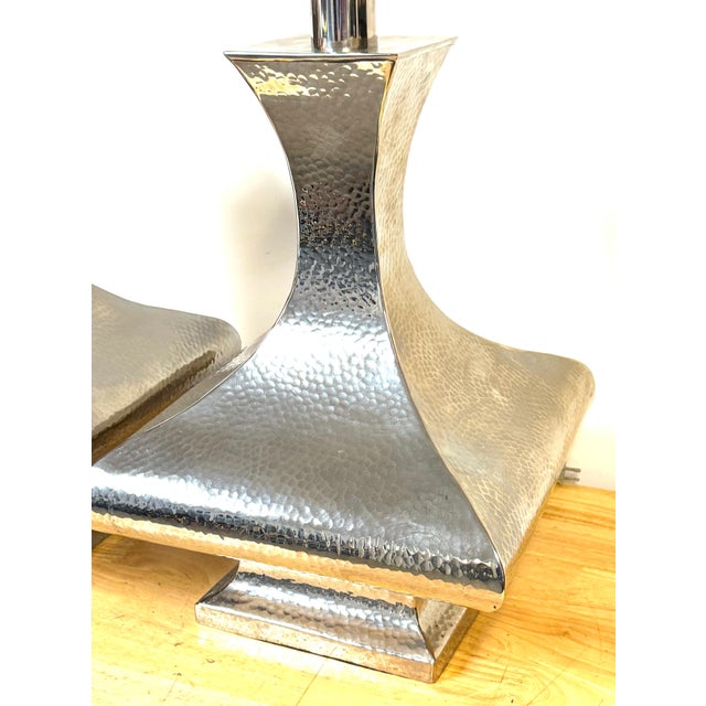 Late 20th Century Monumental Hand-Hammered Silver-Plated Modernist Table Lamps - a Pair For Sale - Image 17 of 18