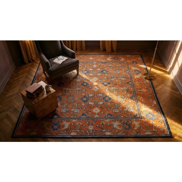 Superb Persimmon Color and Navy Border With Chinoiserie Pattern Antique Chinese Kansu Rug For Sale - Image 14 of 14