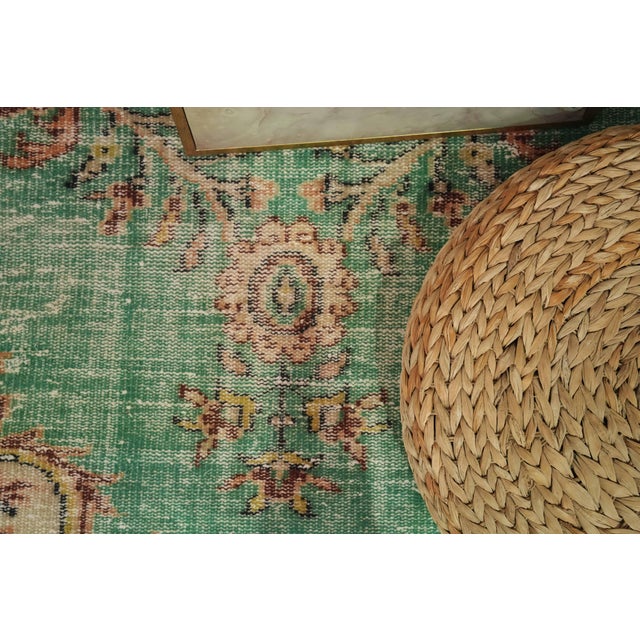 1970s 1970s Vintage Turkish Handmade Wool Cotton Green Area Rug For Sale - Image 5 of 13