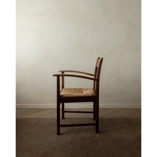 Rustic Dutch Art Deco Oak and Rush Armchair, 1920s For Sale - Image 3 of 17