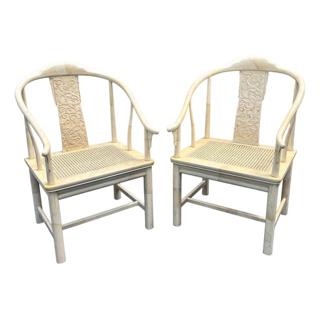Vintage Henredon Asian Style Faux Goatskin Laquer Side of Accent Chairs a Pair For Sale