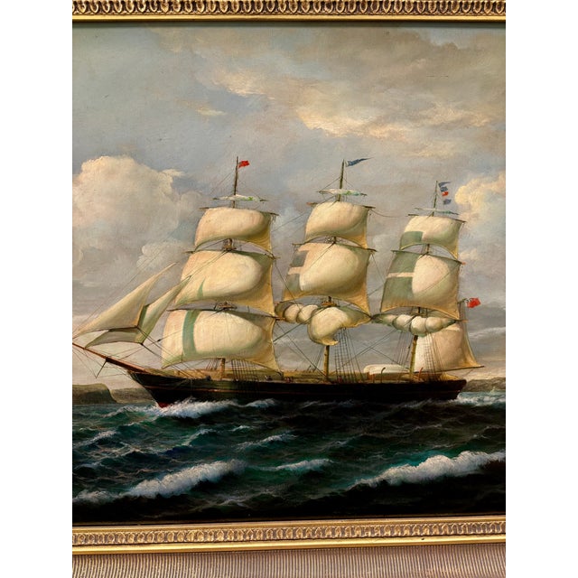 1900 - 1909 Antique Original Large Oil Painting (Unsigned) of a 3-Masted Clipper Ship - Framed For Sale - Image 5 of 14
