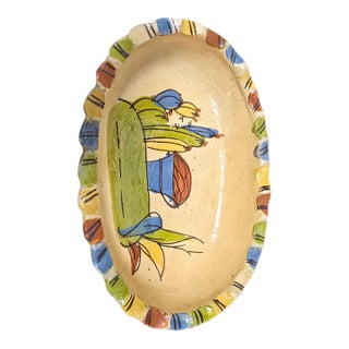 Vintage Hand-Painted Mexican Tonalá Ceramic Oval Scalloped Bowl - 8.5" For Sale