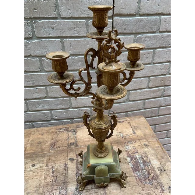 Green Antique French Neoclassical Green Onyx Garniture Clock Set For Sale - Image 8 of 11