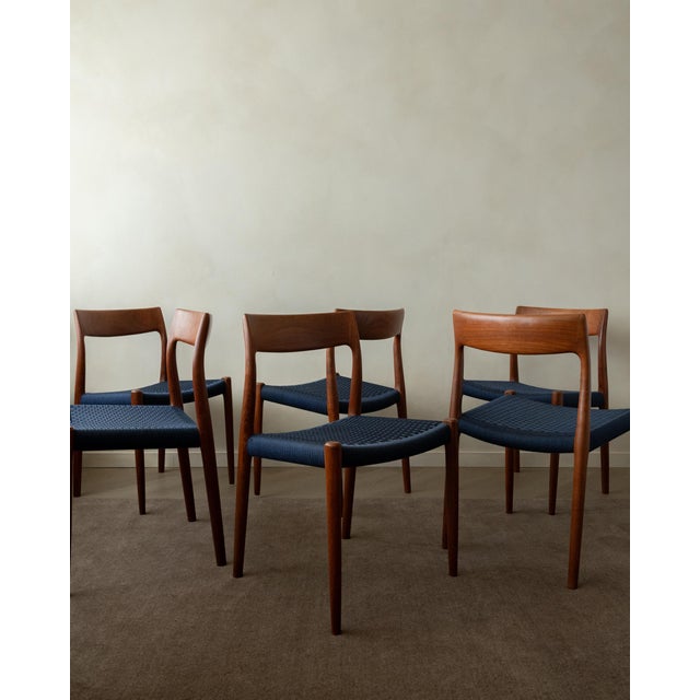 A vintage set of 6 model 77 dining chairs in teak and blue woven cord, designed by niels otto møller for j.l. Møllers...