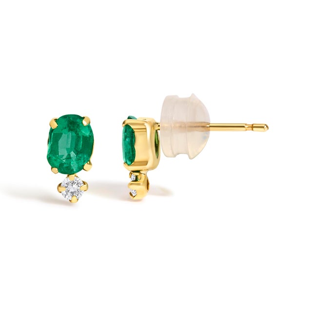 Haus of Brilliance 18K Yellow Gold Oval Green Emerald and Diamond Double Drop Stud Earrings, Pair For Sale - Image 4 of 4