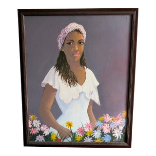 Original 1993 Folk Art Acrylic Painting Woman With Flowers Caribbean Style Portrait For Sale