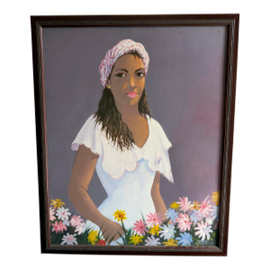 Original 1993 Folk Art Acrylic Painting Woman With Flowers Caribbean Style Portrait