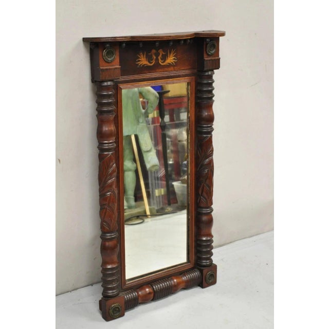 Antique American Empire Walnut Leaf Carved Wall Console Pier Mirror. Circa Late 19th Century. Measurements: 38" H x 22" W...
