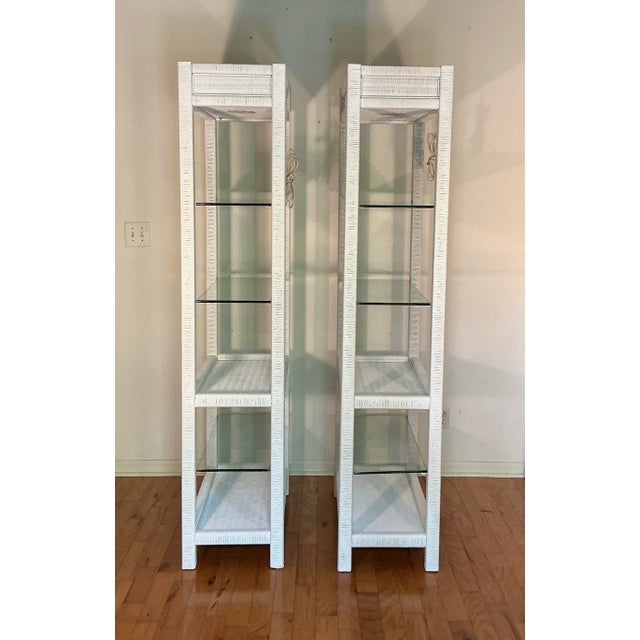 Mid-Century Modern 70s Vintage Henry Link White Wicker Lighted Etageres Display Glass Shelves - A Pair For Sale - Image 3 of 12
