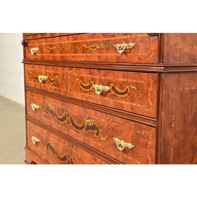 Baker Furniture Style Georgian Burl Wood Inlaid and Hand Painted Drop Front Secretary Desk With Bookcase Hutch Top For Sale - Image 10 of 15