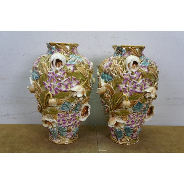 Ceramic Antique Art Nouveau Hungarian Zsolnay Tádé Sikorski Openwork Floral Mallow Vases For Sale - Image 7 of 18