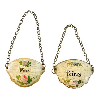 Early 20th Century French Hand Painted Gold Tole Decanter Liquor Bottle Labels- Set of 2 For Sale