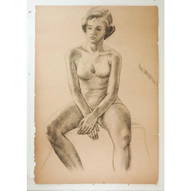 Mid-Century Modern Vintage Mid Century Charcoal Seated Female Figure Drawing For Sale - Image 3 of 4