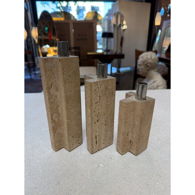 Chrome Set of Three Travertine and Chrome Candleholders by c.l.a.m., Italy, 1970s For Sale - Image 8 of 9