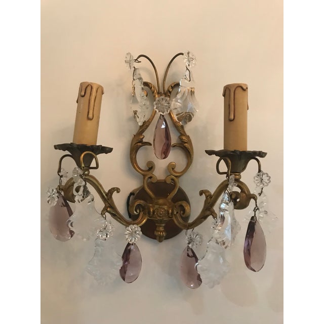 Shabby Chic 1920s French 2 Arm Brass Sconces With Clear & Amethyst Crystals - a Pair For Sale - Image 3 of 9